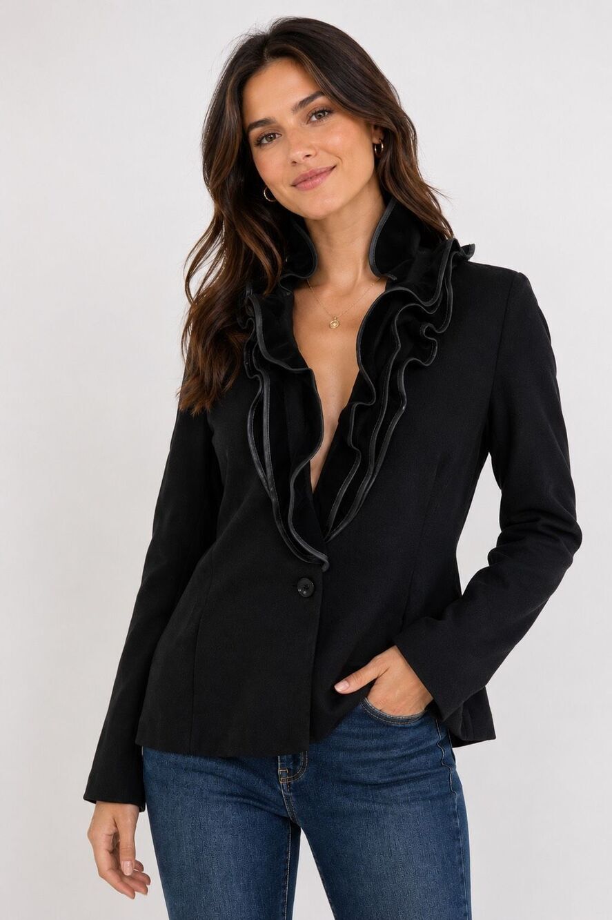 Black Label by Chico’s Black Ruffle Trim Single Button Blazer Jacket Size 2 M/L